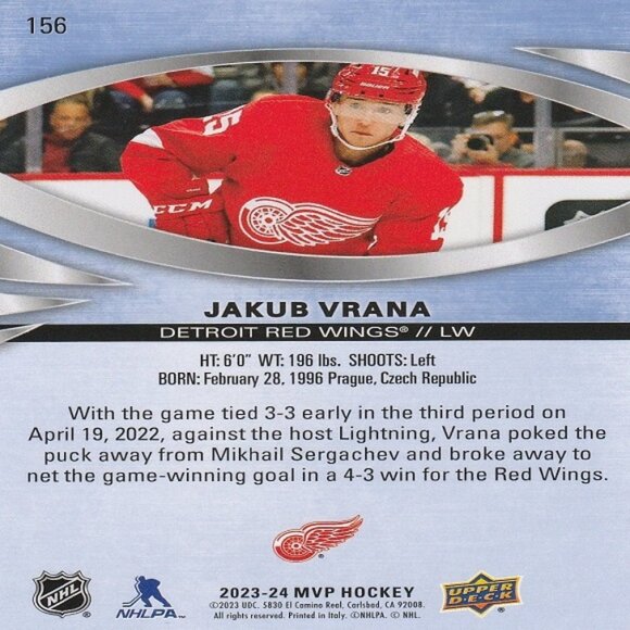 Jakub Vrana (Detroit) 2023/2024 Upper Deck MVP Hockey Card - Card Number 156 - Picture 2 of 2